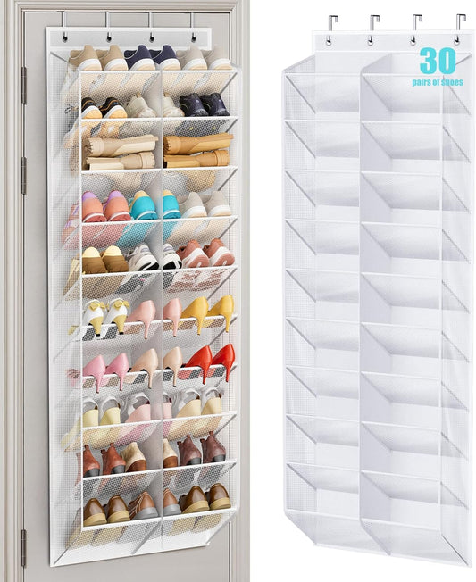 30 Pairs over the Door Shoe Organizer Breathable Mesh Hanging Shoe Rack for Closet Storage with Wide Deep Pockets 10 Tier Shoes Holder Fit All the Family'S Sneakers, Boots, Heels, White