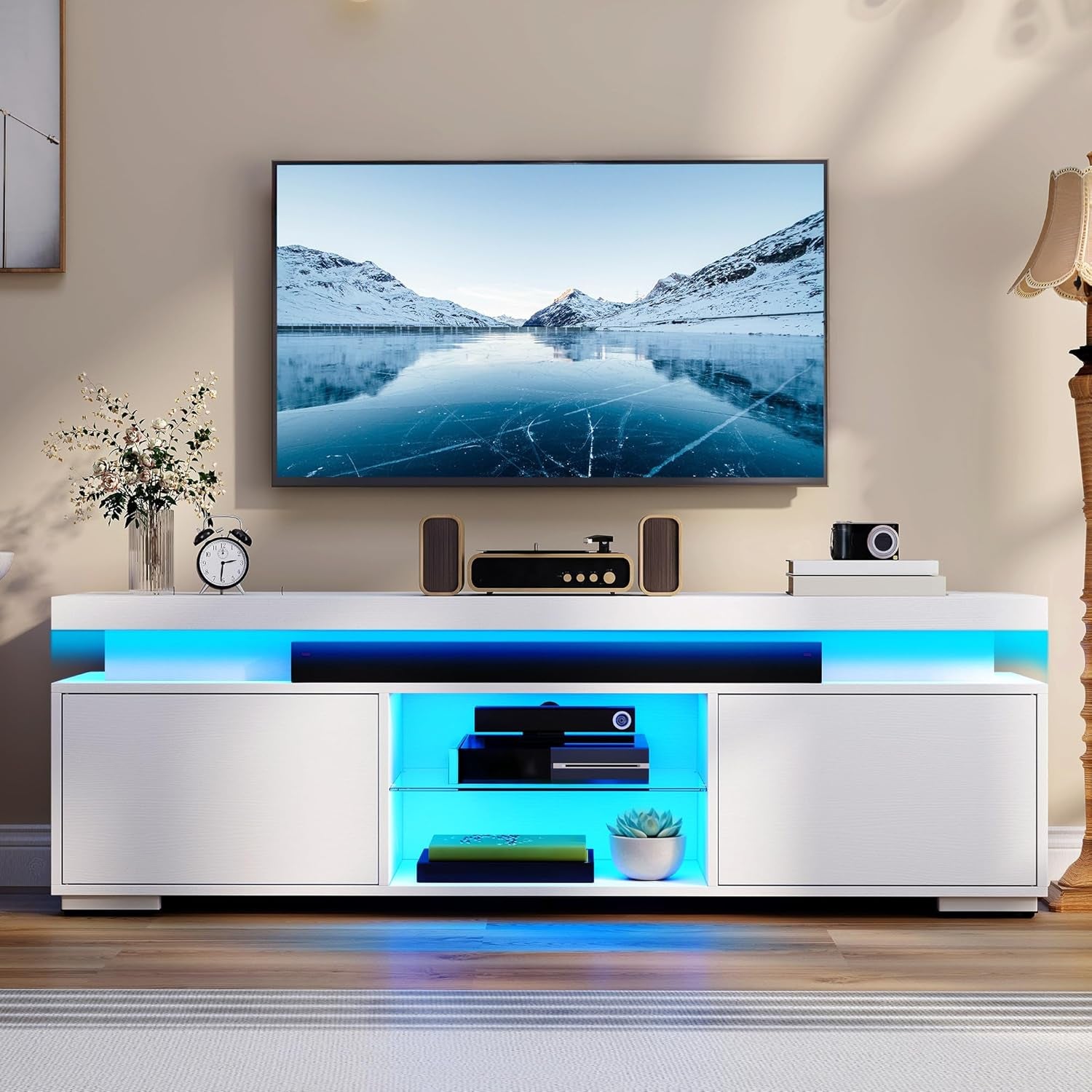 White Modern TV Stand with LED Lights and Power Outlet, Modern Entertainment Center for 55/60/65 Inch, Media Console Table TV Cabinet with Storage, Universal TV Stand for Living Room,White
