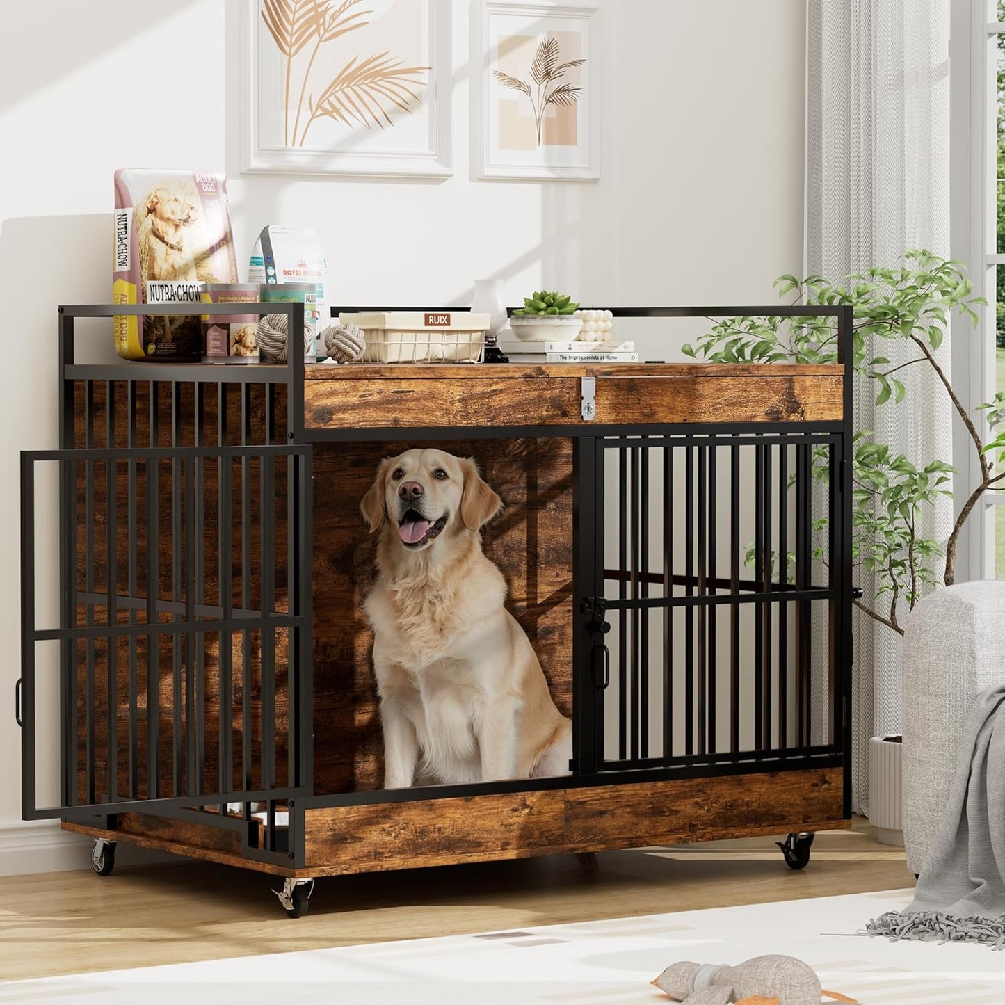 45 Inch Dog Crate Furniture for Large Dog with 2 Stainless Steel Bowls, Large Wooden Dog Crate Table, XL Heavy Duty Dog Kennel Indoor, for Decorate House as TV Stand, End Table