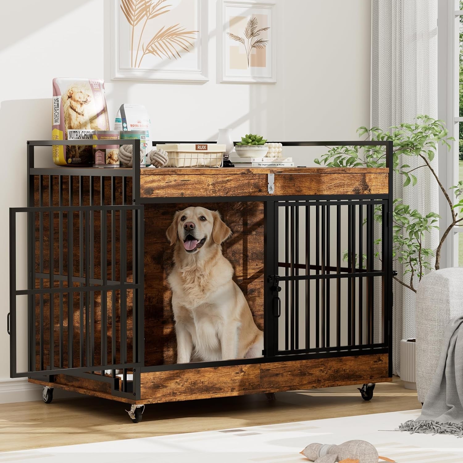 45 Inch Dog Crate Furniture for Large Dog with 2 Stainless Steel Bowls, Large Wooden Dog Crate Table, XL Heavy Duty Dog Kennel Indoor, for Decorate House as TV Stand, End Table