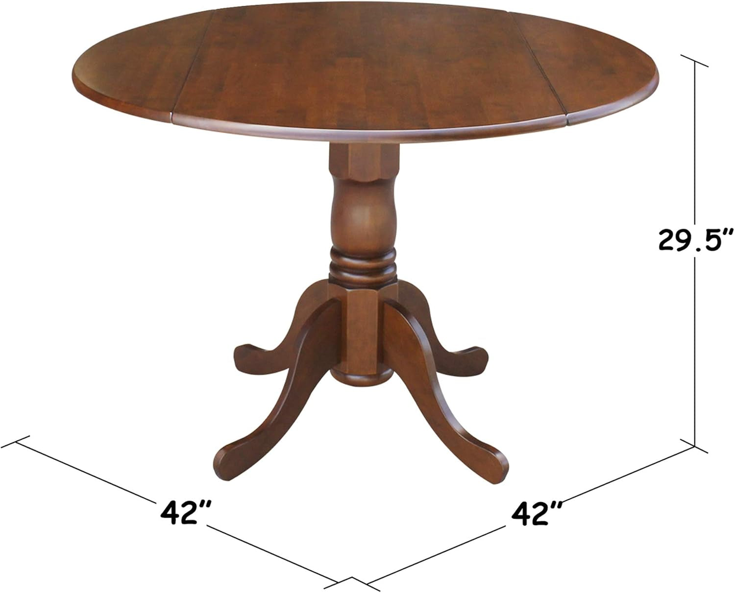 , 42" round Dual Drop Leaf Pedestal Dining Table, Solid Wood, Real Parawood, 42" W X 42" D X 29.5" H, Easy Assembly, Espresso