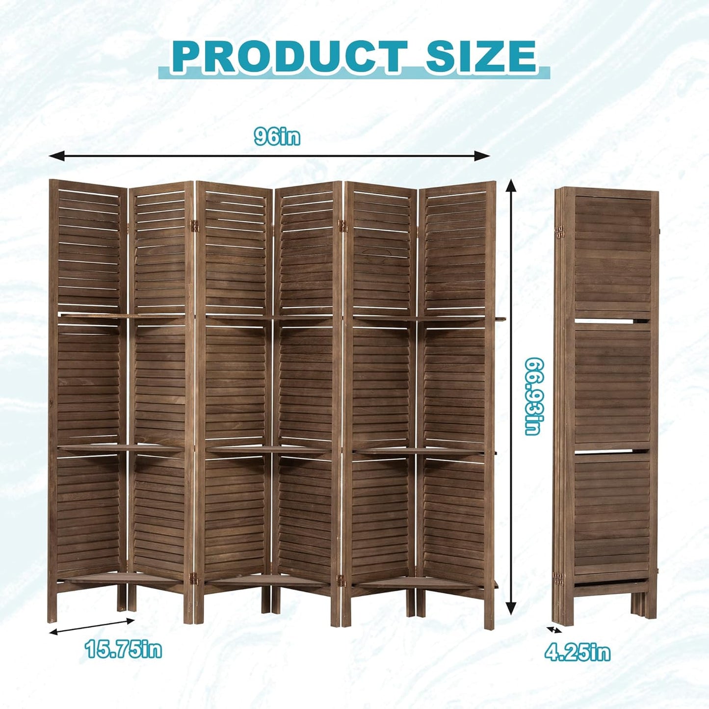 6 Panel Room Divider with Shelves, 5.6FT Folding Room Divider Screen, Free Assembled Freestanding Partition for Home Office Bedroom, Dark Brown