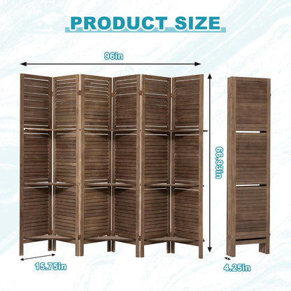 6 Panel Room Divider with Shelves, 5.6FT Folding Room Divider Screen, Free Assembled Freestanding Partition for Home Office Bedroom, Dark Brown