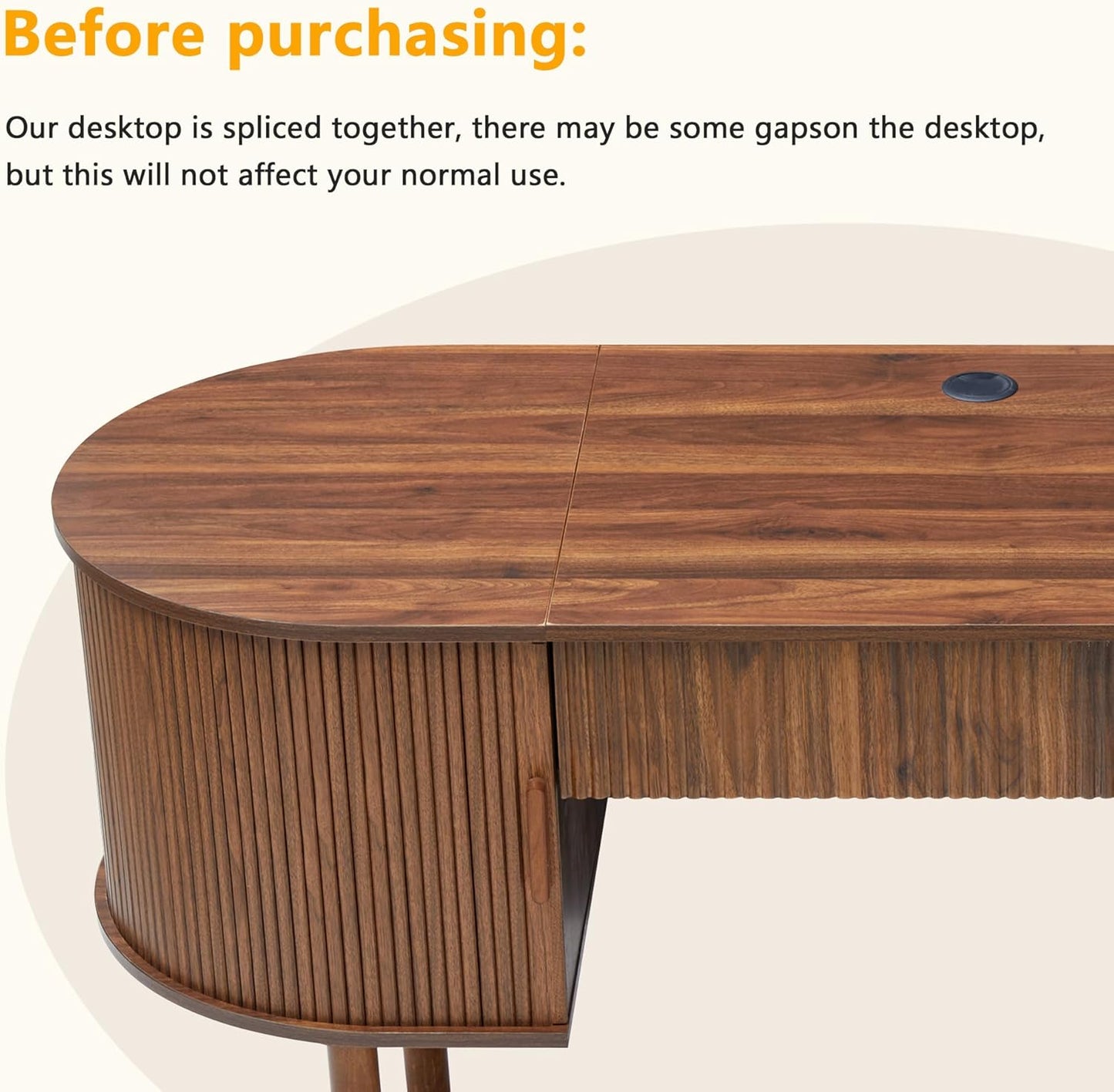 Home Office Oval Desk with Sliding Tambour Door and Drawer, Modern Fluted Wood Executive Computer Storage Desk for Study, Living Room, Bedroom, Office - Walnut