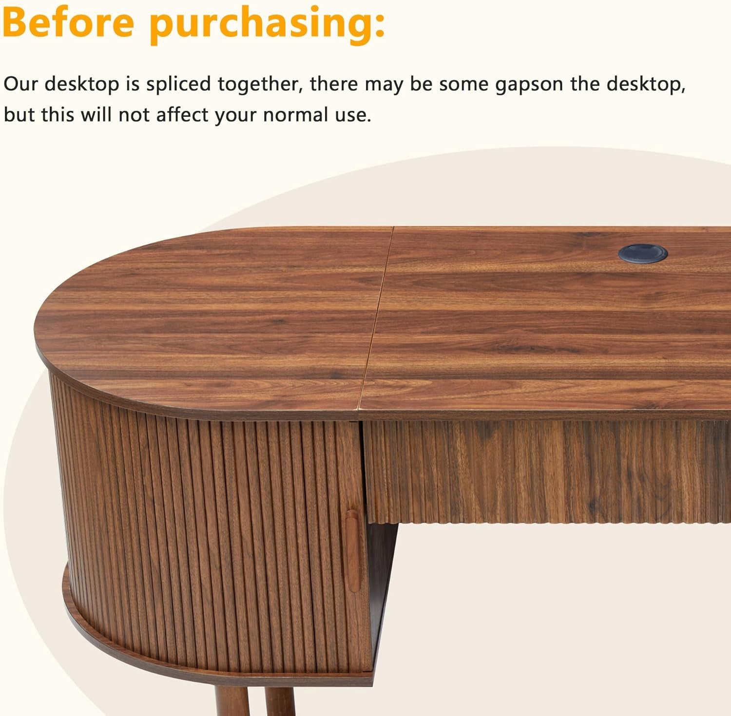 Home Office Oval Desk with Sliding Tambour Door and Drawer, Modern Fluted Wood Executive Computer Storage Desk for Study, Living Room, Bedroom, Office - Walnut