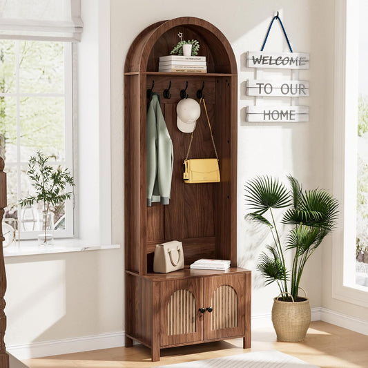 Hall Tree with Bench and Shoe Storage, Entryway Storage Bench with Coat Rack, 70.9" Arch Coat Rack with 4 Hooks and 2 Fluted Doors, Farmhouse Style Furniture Organizer for Hallway,Mud Room