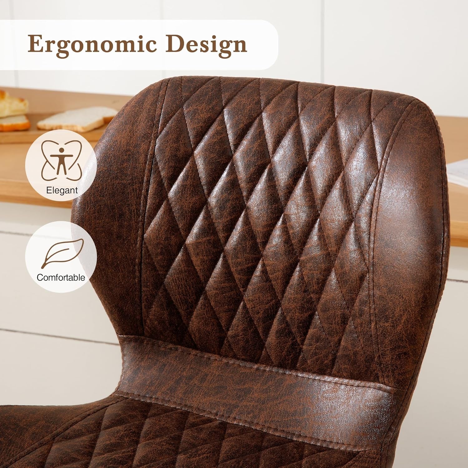 Bar Stools Set of 2, Modern Swivel Counter Height Barstools for Kitchen Island Chairs, Adjustable Faux Leather Bar Stools with Back for Kitchen Counter Bar, Brown
