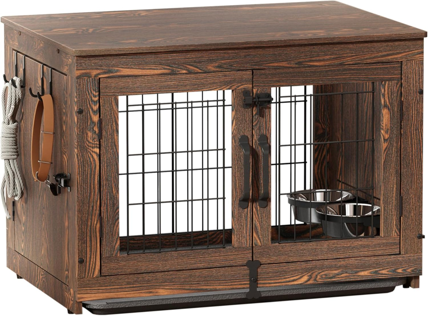 Wooden Dog Crate Furniture with 360°Rotatable Removable Dog Bowls, Dog Crate End Table with Tray, Double Doors Dog Kennels for Dogs(M:31.8" L*22.1" W*24.1" H, Rustic Style)