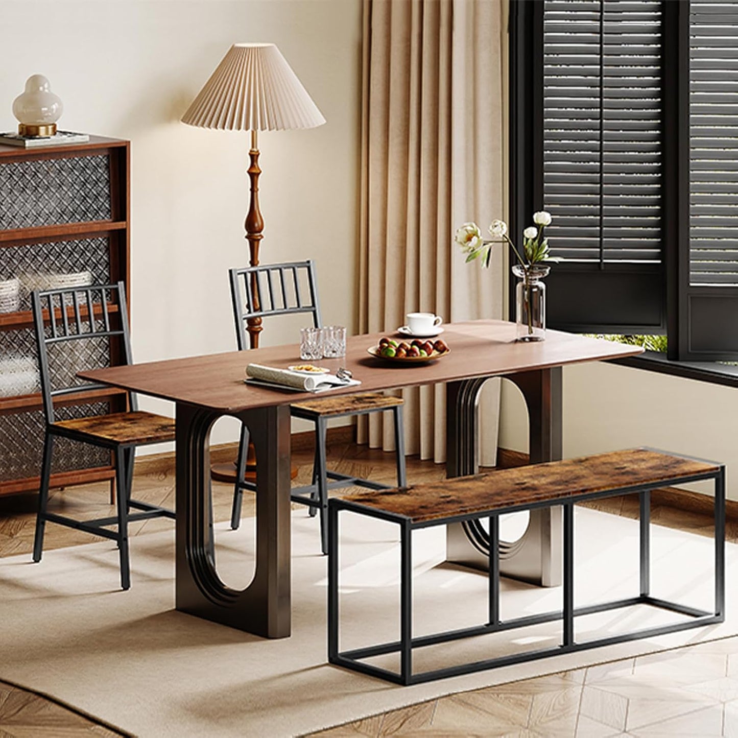 Dining Bench, 47.2 Inch Dining Table Bench, Industrial Style Kitchen Bench, Steel Frame, Easy to Assemble, for Kitchen, Dining Room, Rustic Brown and Black BF12CD01