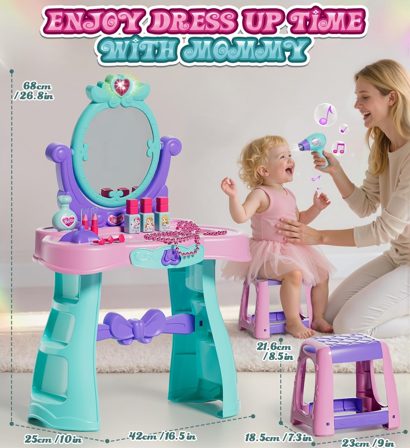 Kids Vanity Table and Chair Set with Mirror Light Music, Toddler Girls Makeup Table with Stool ＆ Hair Dryer, Pretend Play Princess Dress up Vanity Set, Birthday Gifts for 3 Year Old Girl