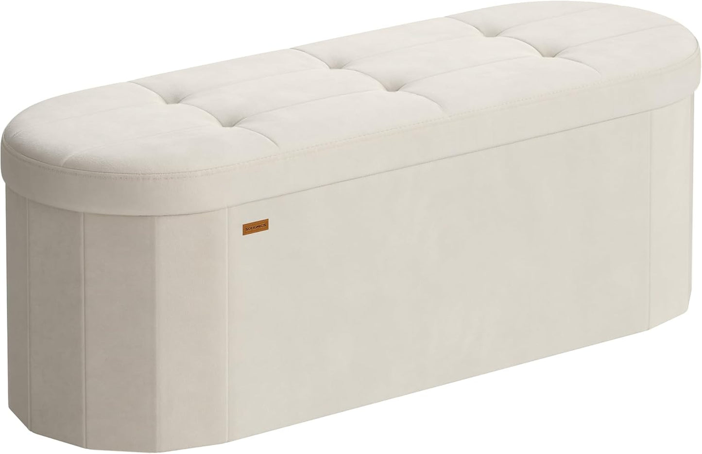Mazie Collection - Folding Ottoman with Storage, Oval Storage Ottoman Bench, for Living Room, Bedroom, Velvet Fabric, 15 X 43 X 15 Inches, Cream White ULSF297LH01