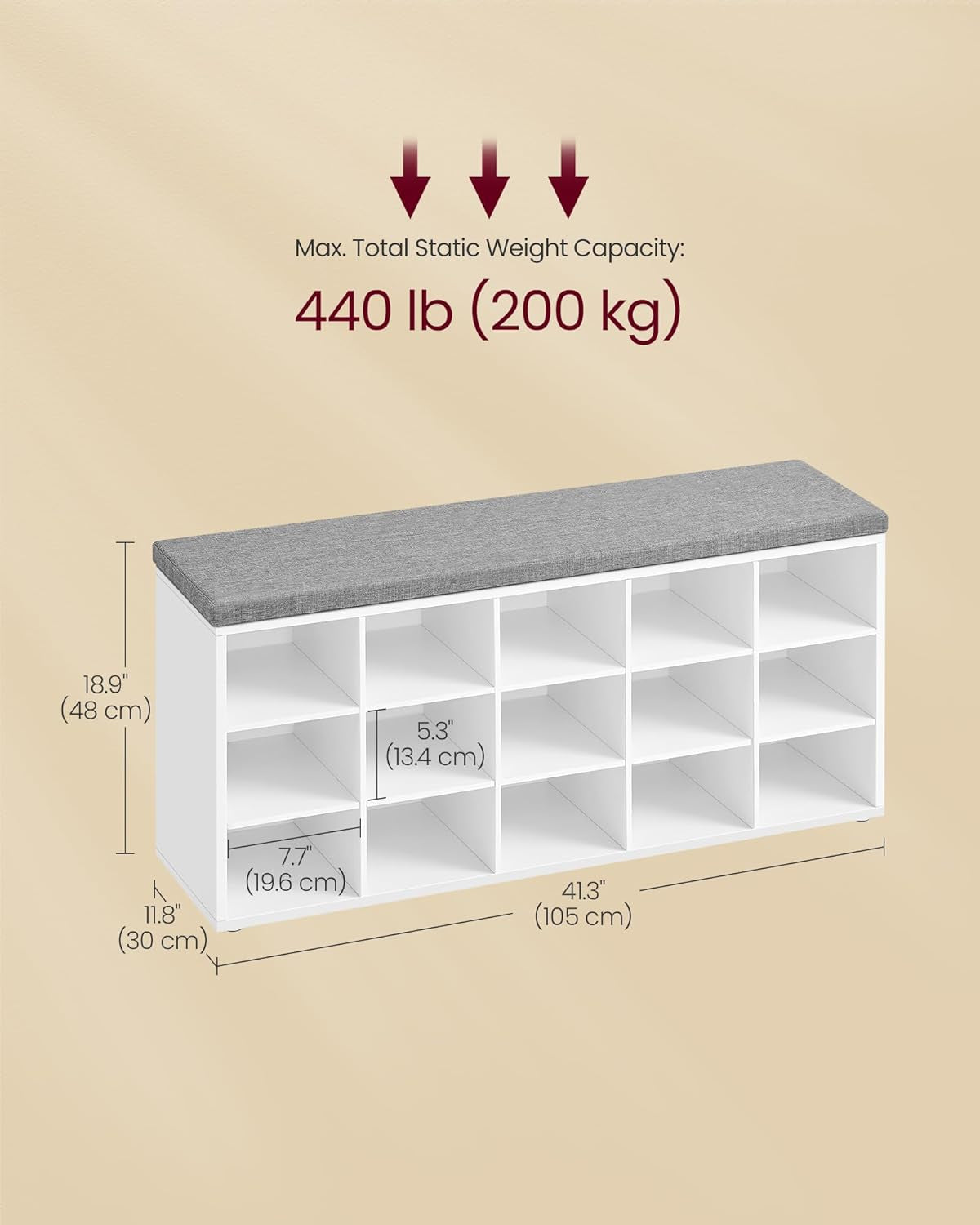 CUSTOS Collection - Shoe Bench, Storage Bench with Padded Seat, Entryway Bench with 10 Compartments, for Bedroom, 11.8 X 40.9 X 18.9 Inches, Cloud White and Dove Gray ULHS010W01