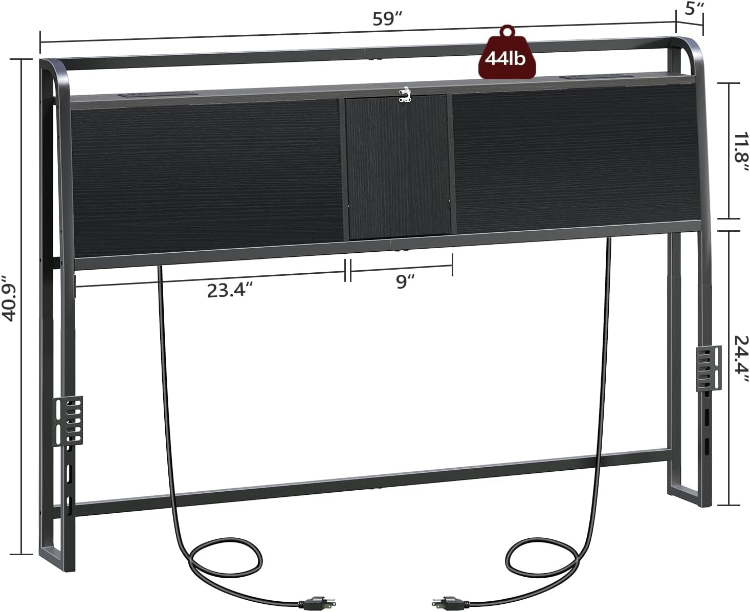 Headboard Queen Size Only, Headboard with 2 Power Strips, Industrial Head Board with Flip Door and Bed Frame Adapter, Height Adjustable, Black