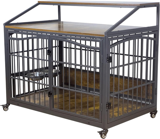 48 Inch Dog Crate Furniture, XXL Kennel Cage Rustic Wooden Pet House End Table Dog Home for Large Dogs with 2 Stainless Steel Bowls Indoor Use 48" L X 30" W X 40" H