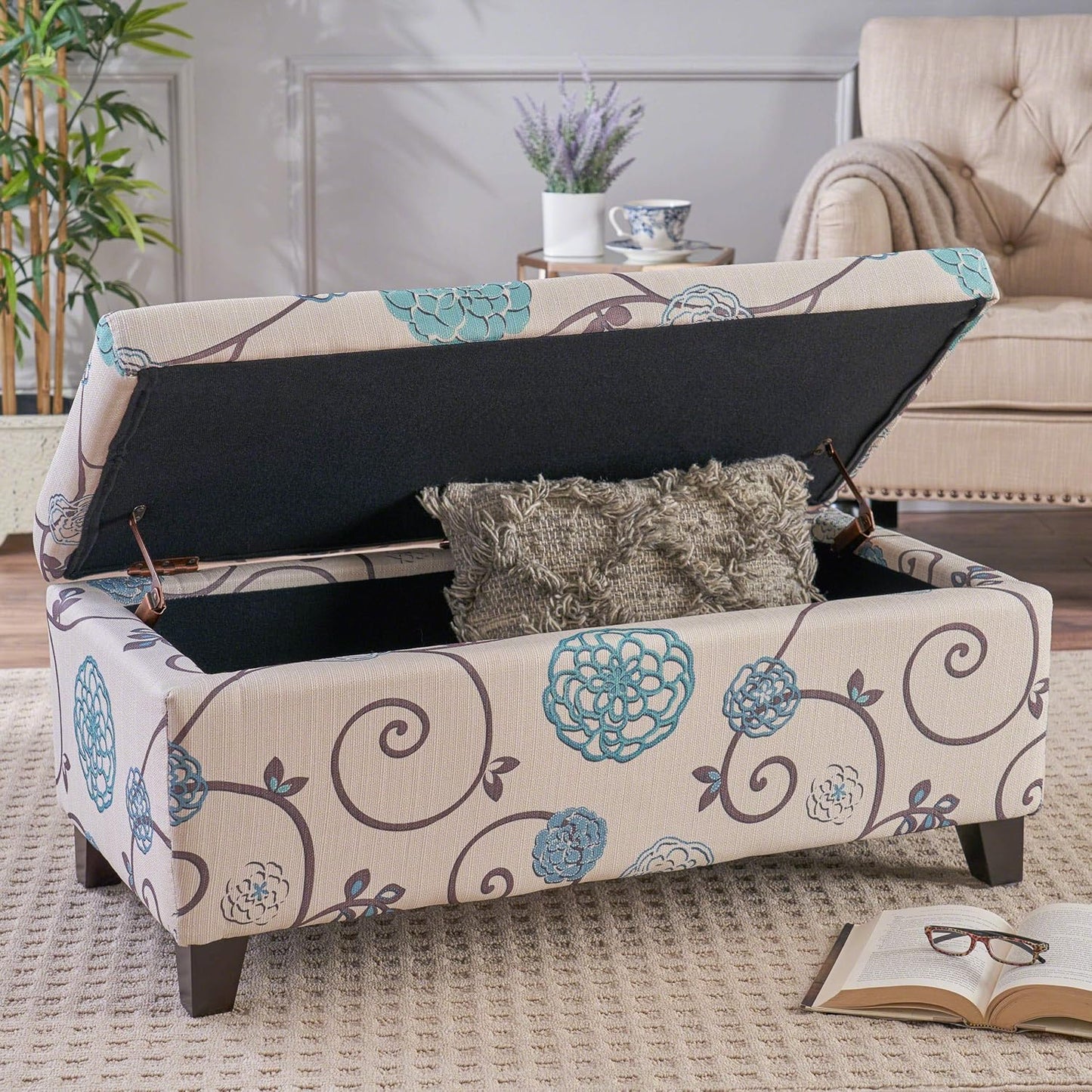 Breanna Fabric Storage Ottoman, White and Blue Floral