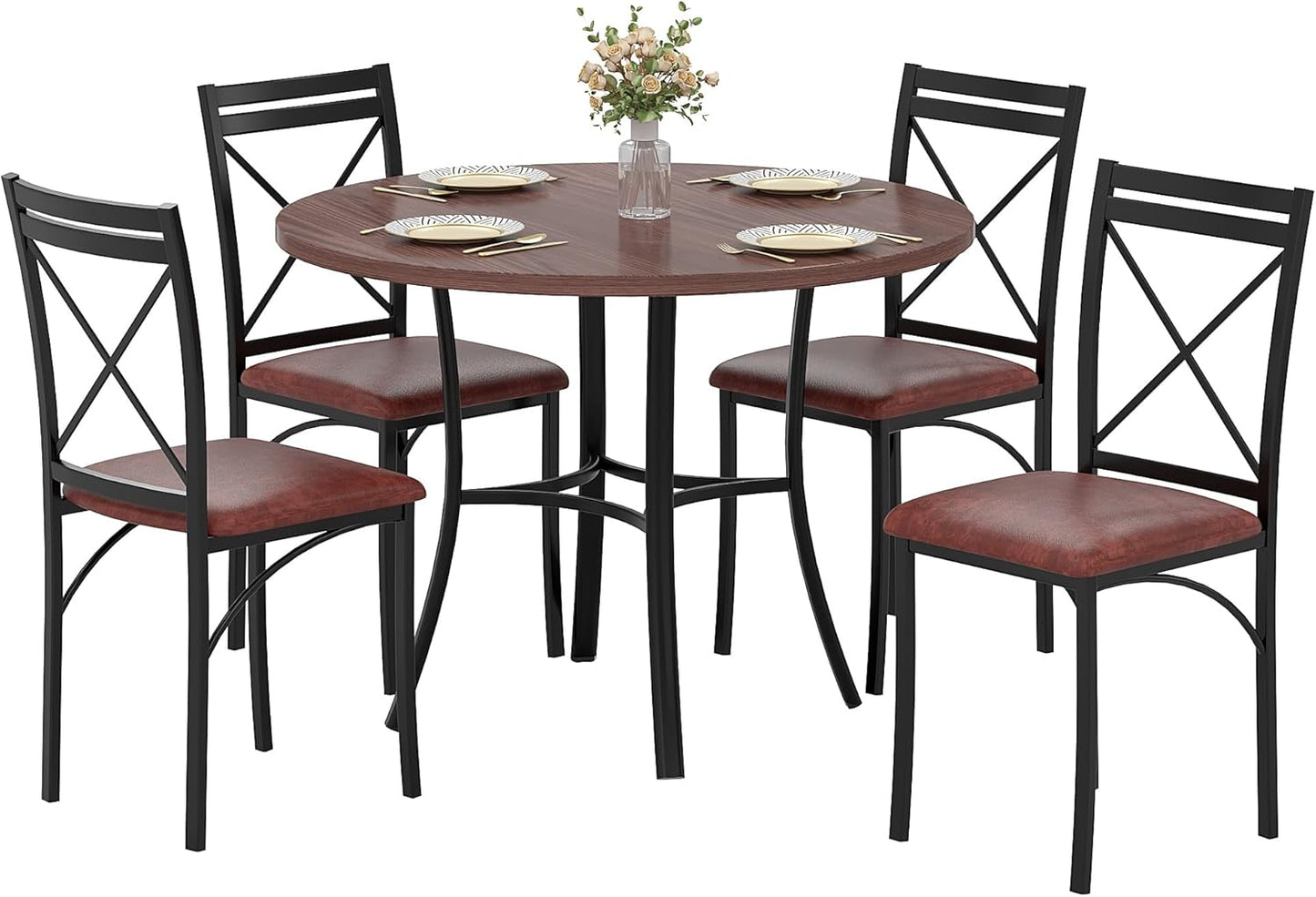 5 Piece Dining Table Set for 4, Wood Grain Dinette with Chairs for Kitchen, Breakfast Nook, Small Space, Brown