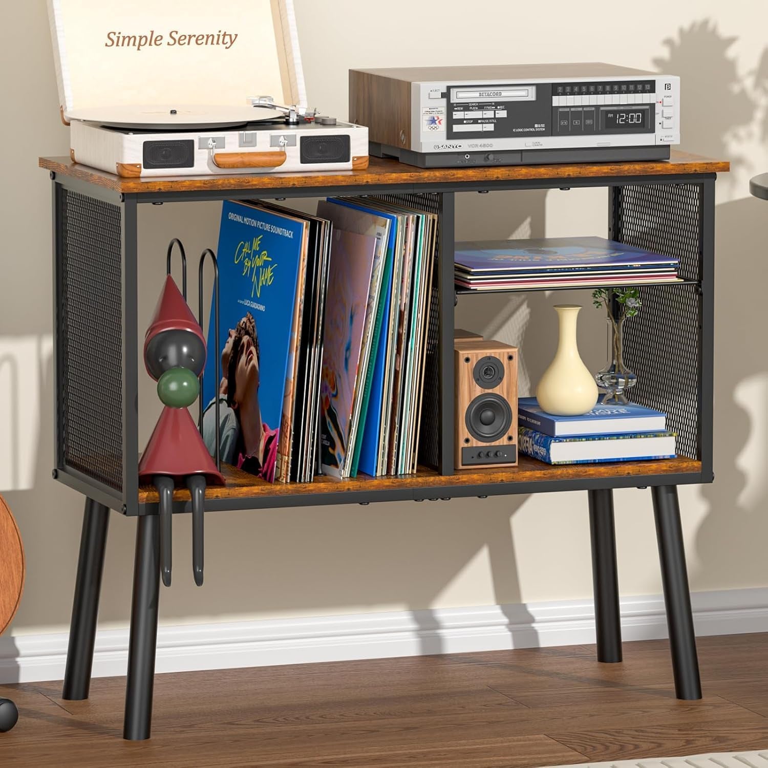Record Player Stand with Adjustable Divider Vinyl Storage Holder up to 200 Albums Mid-Century Large Record Player Table Vinyl Holder Turntable Stand End Table for Bedroom & Living Room, Patent Pending