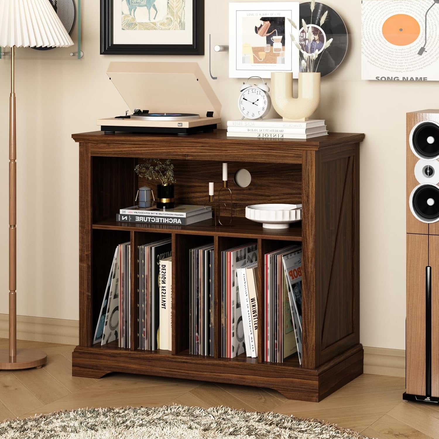Large Farmhouse Record Player Stand, Turntable Stand with Vinyl Storage, Wood Record Holder Storage Cabinet Dispaly Shelf for Living Room, Bedroom, Office, Brown