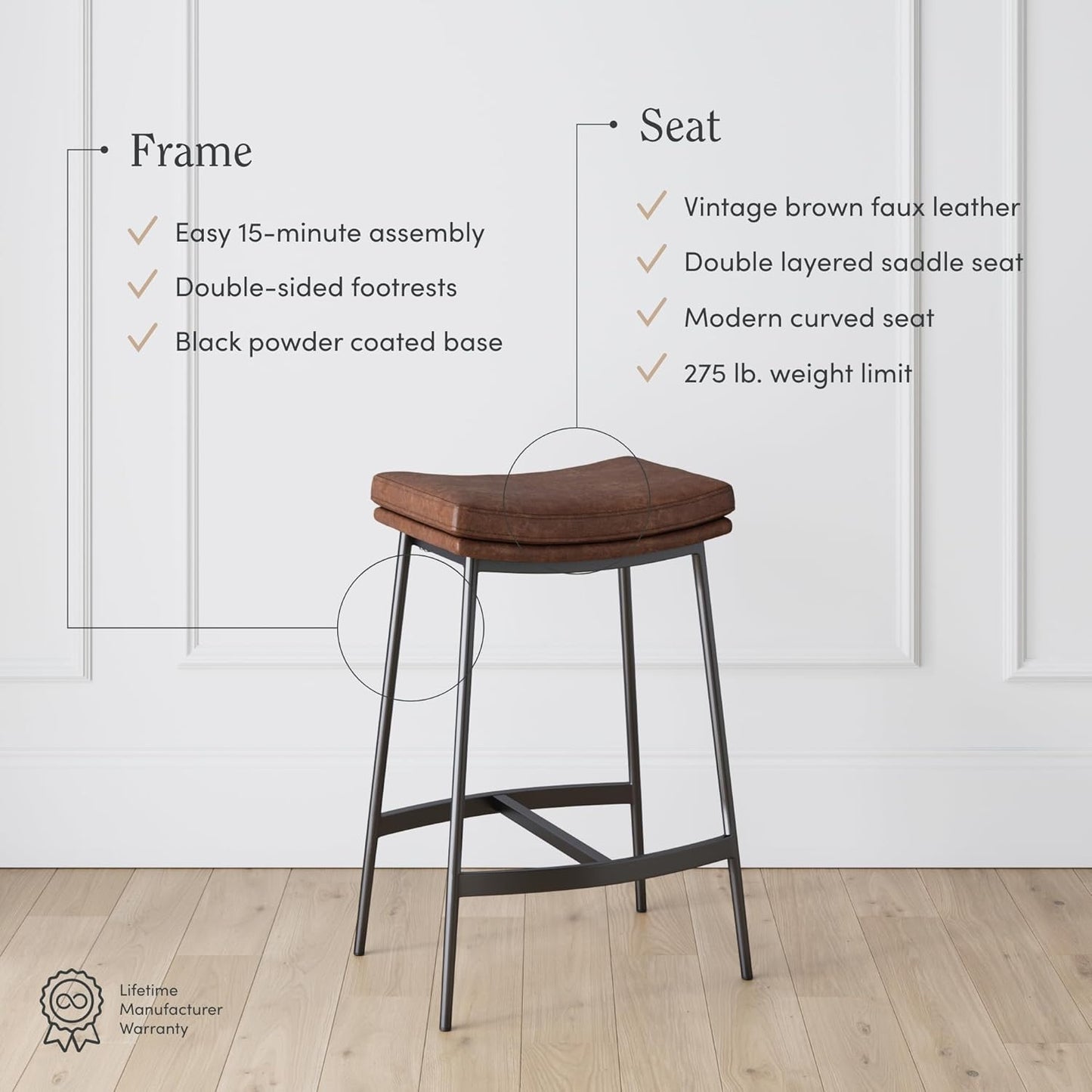 Arlo Modern Backless Upholstered Kitchen Counter Bar Stool with Double-Layered Saddle Seat and Black Metal Base, Brown/Matte Black, Set of 2