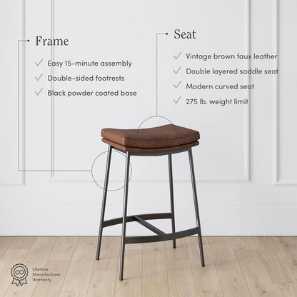 Arlo Modern Backless Upholstered Kitchen Counter Bar Stool with Double-Layered Saddle Seat and Black Metal Base, Brown/Matte Black, Set of 2