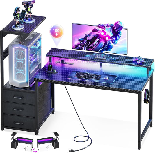 52 Inch Gaming Desk with USB Charging Ports & LED Light - Reversible Computer Desk with 3 Fabric Drawers, Monitor Stand, CPU Stand, and Side Hook, Modern Office Desk, Black