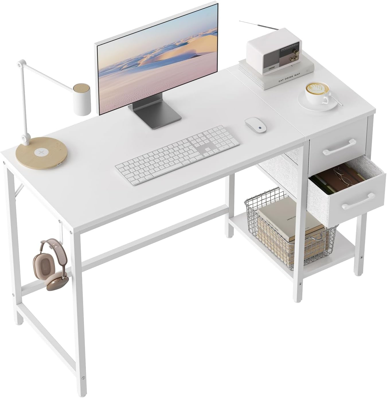Computer Desk with 2 Drawers, 40 Inch Small Home Office Desk with Storage Study Writing Table, Pure White