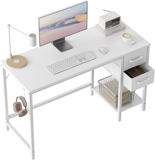 Computer Desk with 2 Drawers, 40 Inch Small Home Office Desk with Storage Study Writing Table, Pure White