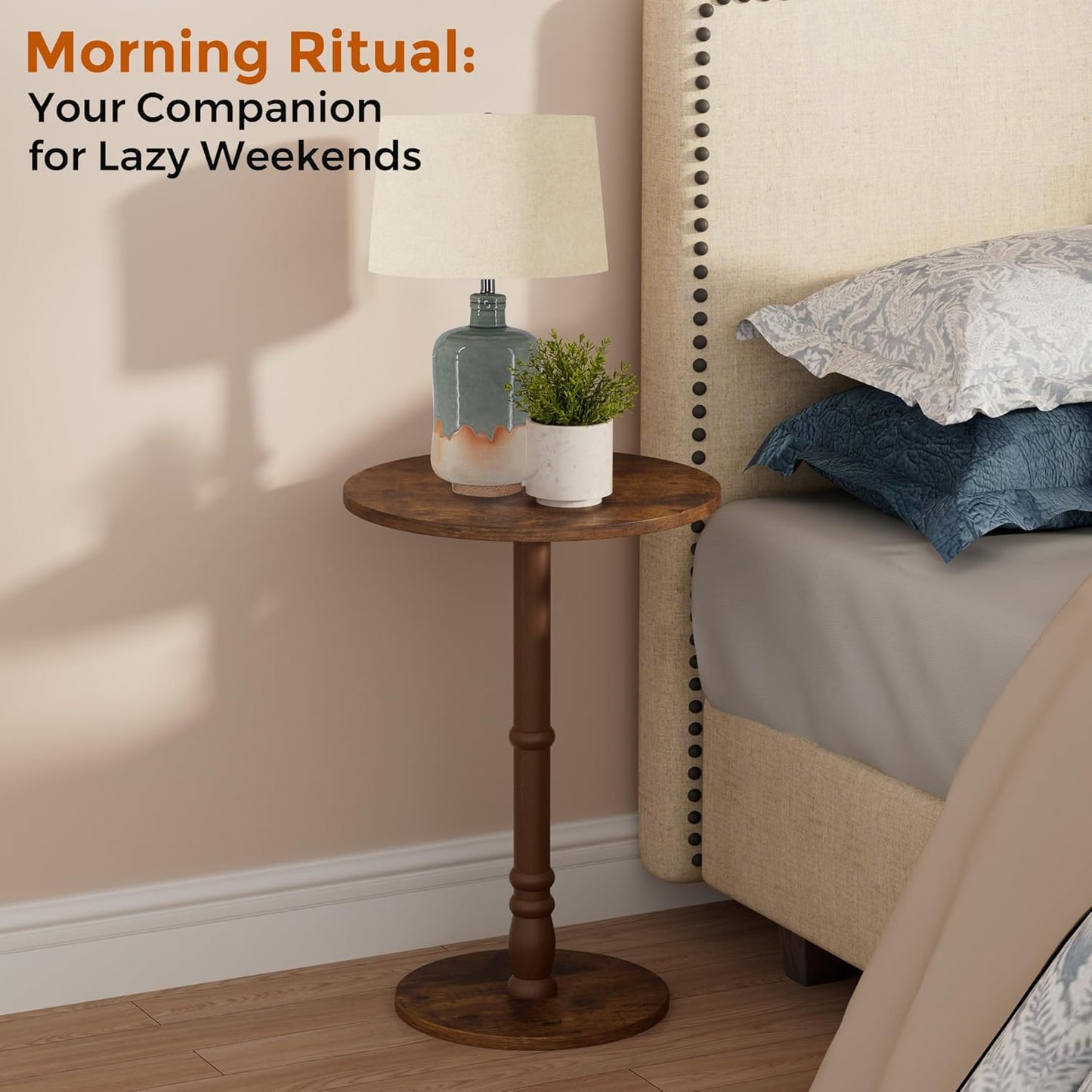 Round Side Table, Solid Wood Pillar, Large 15.7" Top, Small Accent Table for Living Room, Bedroom, Sofa, Entryway & Office, Easy Assembly, Rustic Brown