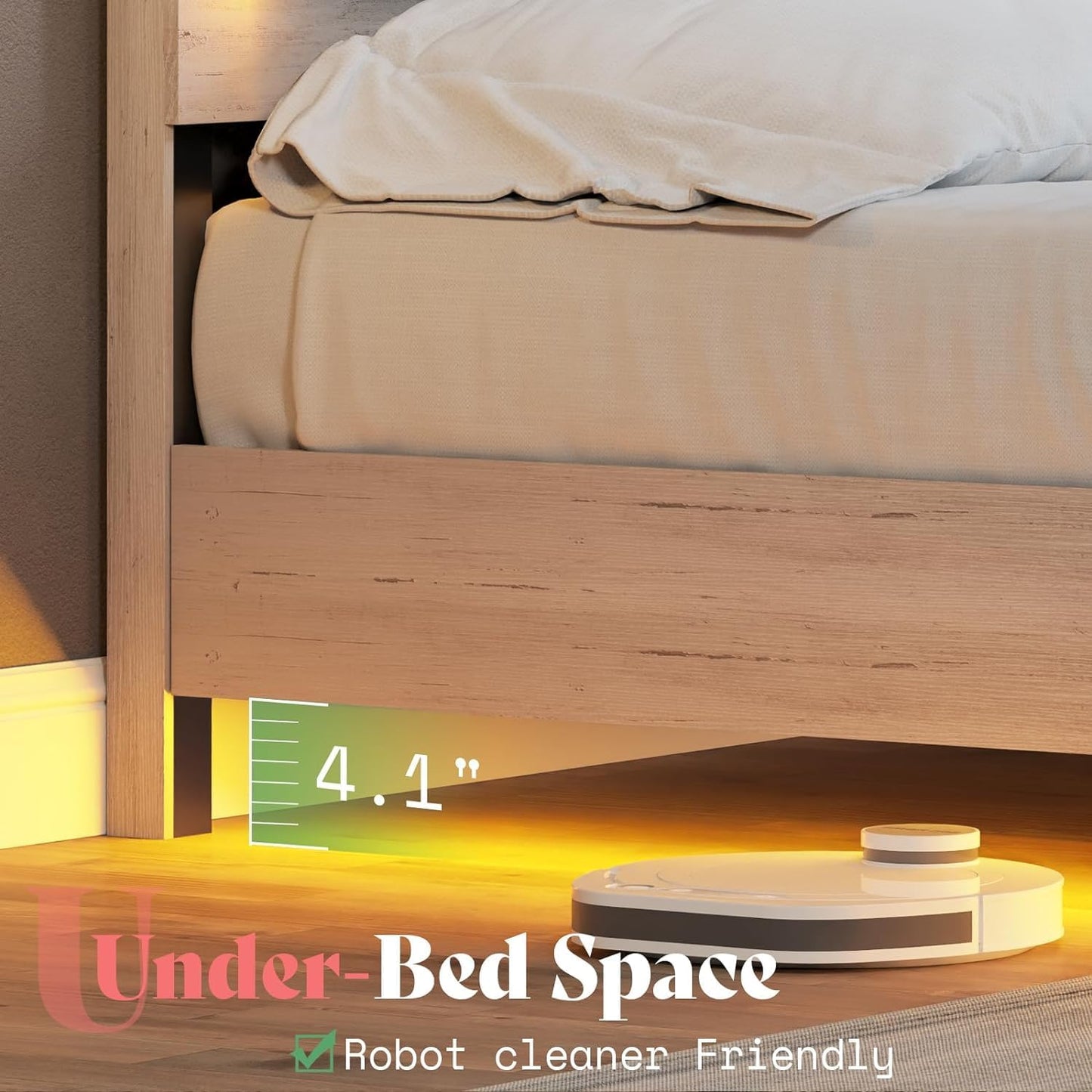 Queen Bed Frame, Farmhouse Floating Bed Frame with Recline Headboard, No Box Spring Needed/Noise Free, Platform Bed with LED Light, Distressed White