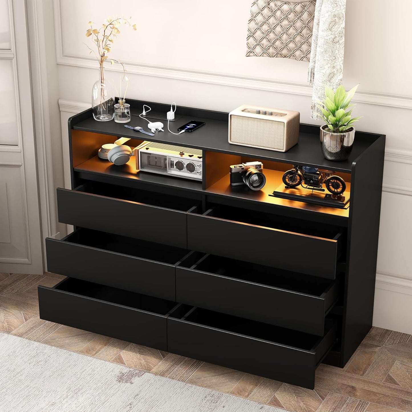 6 Drawer Dresser with Wall Hook, LED Lights & Power Outlet, Simply Chest of Drawers & Open Storage Shelves, Modern TV Stand Console Table Cabinet for Bedroom, Black