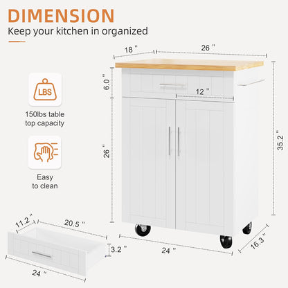 Kitchen Island Cart with Storage, Portable Bar Cabinet on Wheels, Rolling Microwave Cart Side Table with Workstation for Kitchen, Dinning Room, White