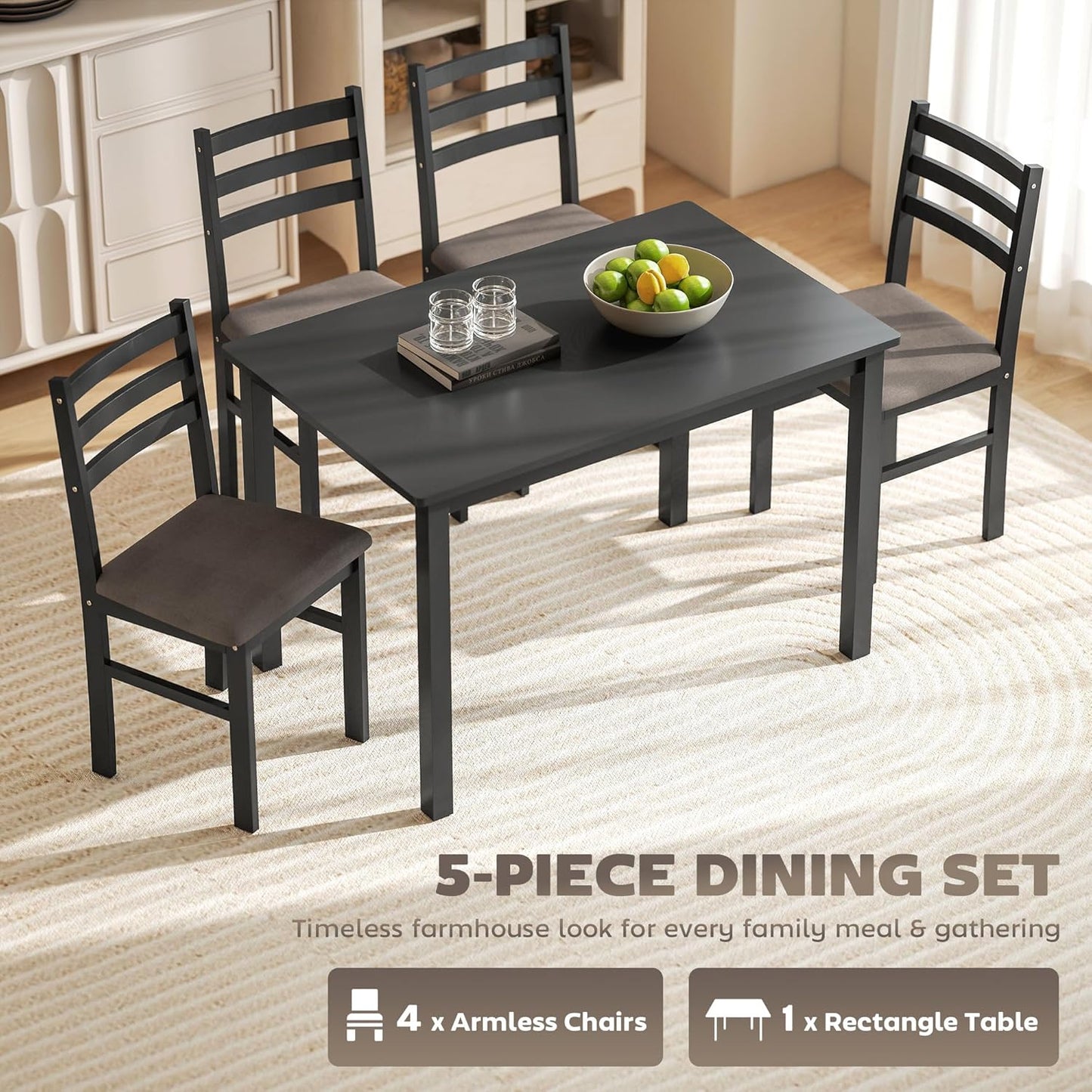 5-Piece Dining Table Set for 4 with Solid Wood Frame, Farmhouse Kitchen Table Set with 4 Upholstered Padded Chairs for Small Space, Dining Room, Breakfast Nook, Black