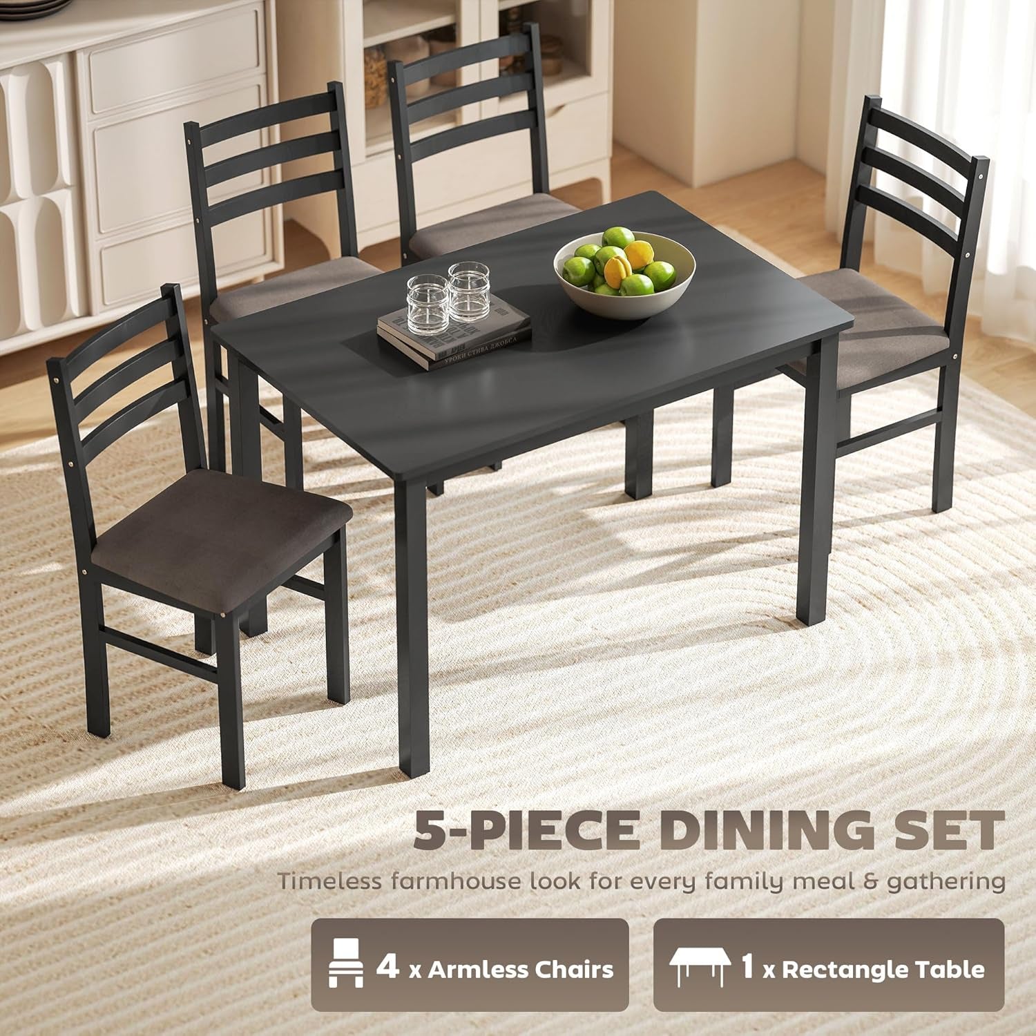 5-Piece Dining Table Set for 4 with Solid Wood Frame, Farmhouse Kitchen Table Set with 4 Upholstered Padded Chairs for Small Space, Dining Room, Breakfast Nook, Black