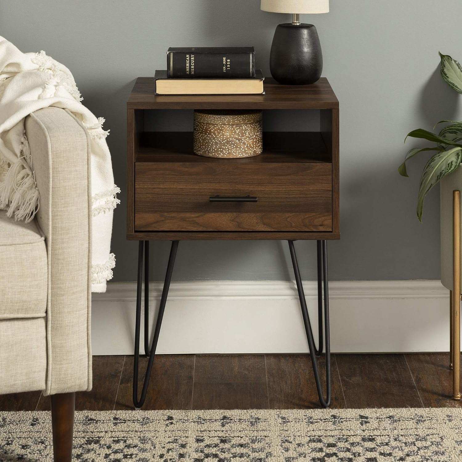 Croft Modern Small Bed Side Table Nightstand with Drawer Accent Table, 18 Inch, Dark Walnut