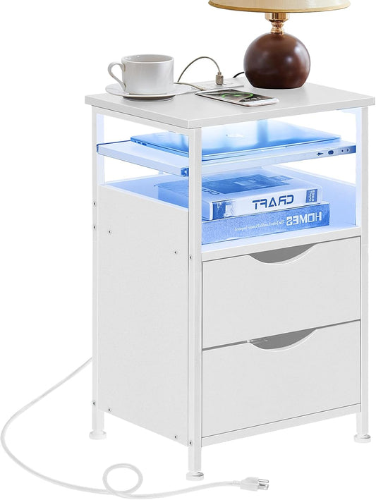End Table with Charging Station, Narrow Side Table with 2 Drawers, Nightstand with 7 Color LED Light, Slim Bedside Table for Bedroom, Living Room, Small Spaces, White