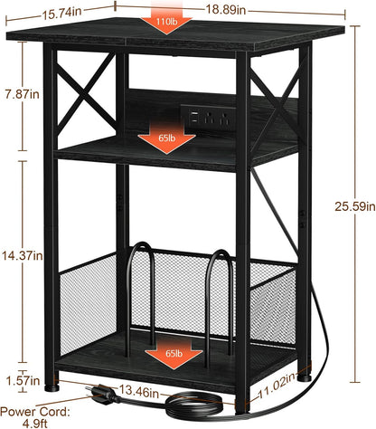 Record Player Stand with Charging Station, Large Turntable Stand with Storage Cabinet, 3 Tier End Table Hold up to 100 Albums, Record Stand for Vinyl, Living Room, Black, HETCD012BK-1