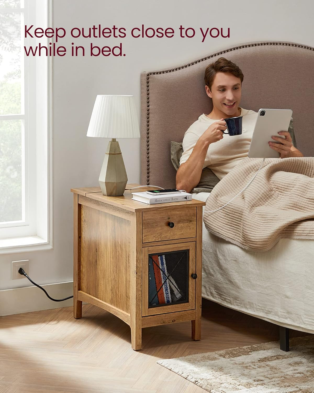 Side Table with Storage, End Table with USB Ports and Outlets, Nightstand with Charging Station, Drawer, Storage Cabinet, Magazine Rack, for Living Room, Bedroom, Rustic Walnut ULET312T41