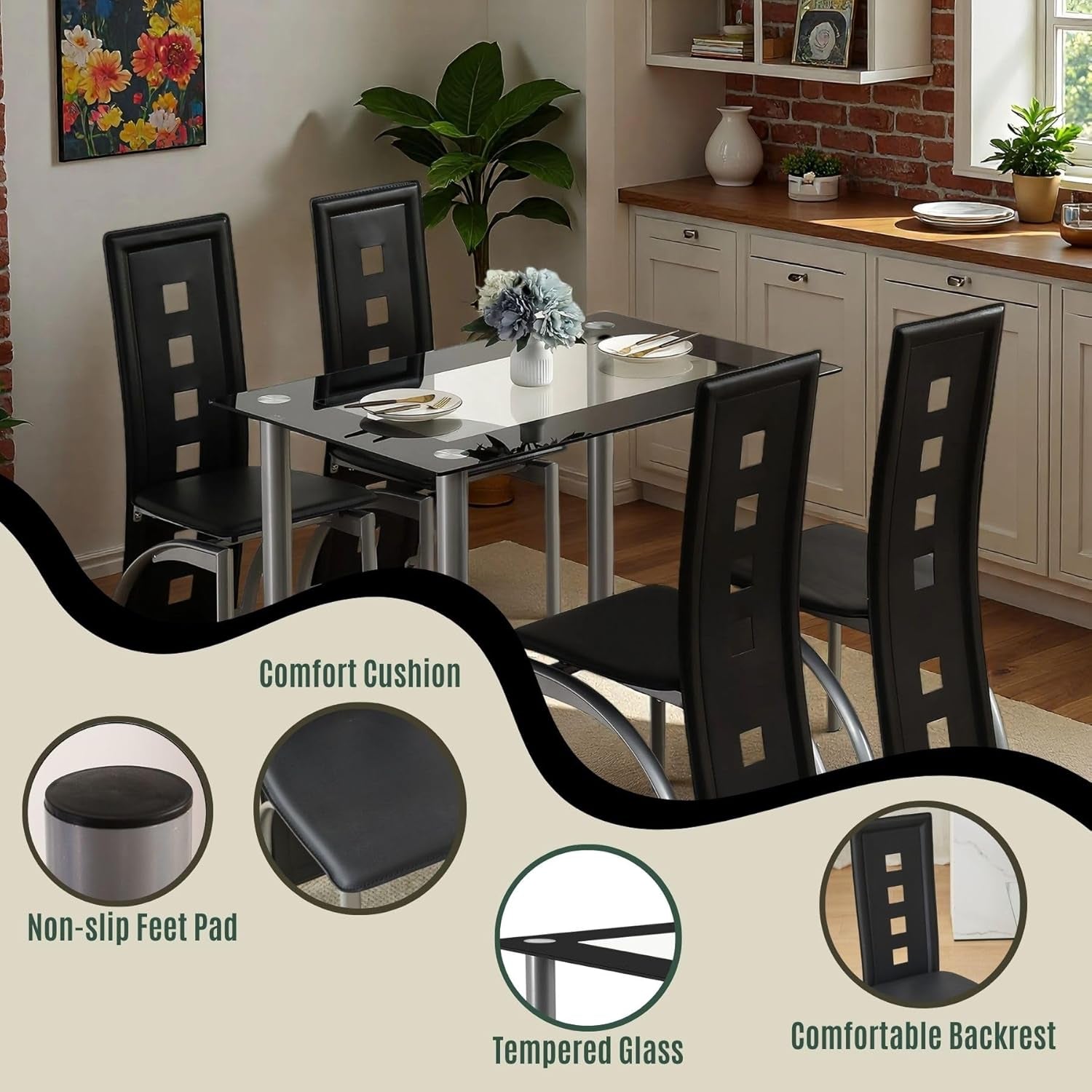 5-Piece Dining Table Set with 1 Glass Dining Table and 4 PVC Chairs, Modern Dining Table Set for Kitchen & Breakfast Dining Living Room, Space Saving
