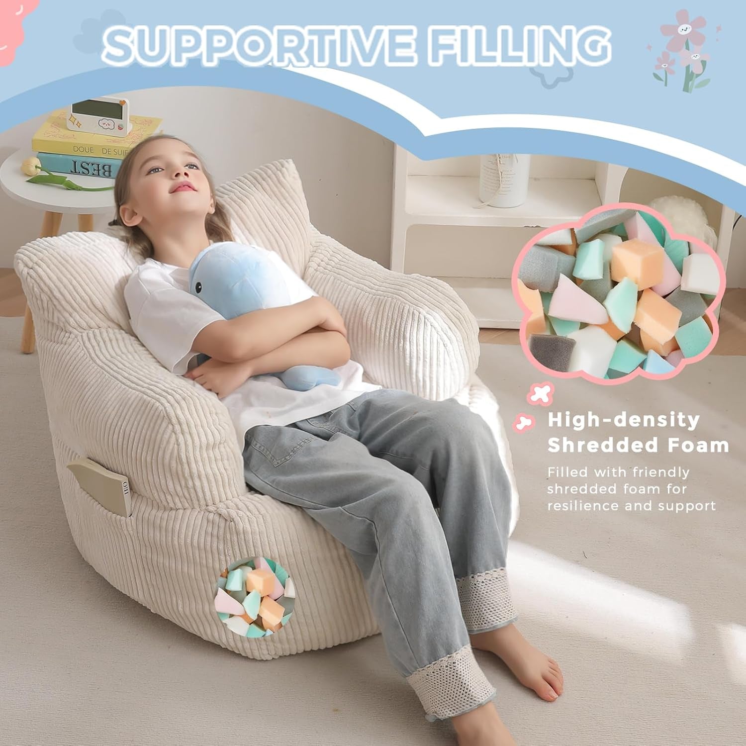 Kids Bean Bag Chair, Stuffed Toddler Bean Bag Sofa with Filler Bean Bag Chair for Boys and Girls, Lazy Sofa with Pocket Floor Chair for Gaming, Reading, Beige