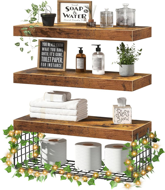 Bathroom Floating Shelves for Wall - Shelf over Toilet Paper Storage with Led Lights and Leaves Farmhouse Decor Small 16 Inch Set of 3, Brown (L019BN3)