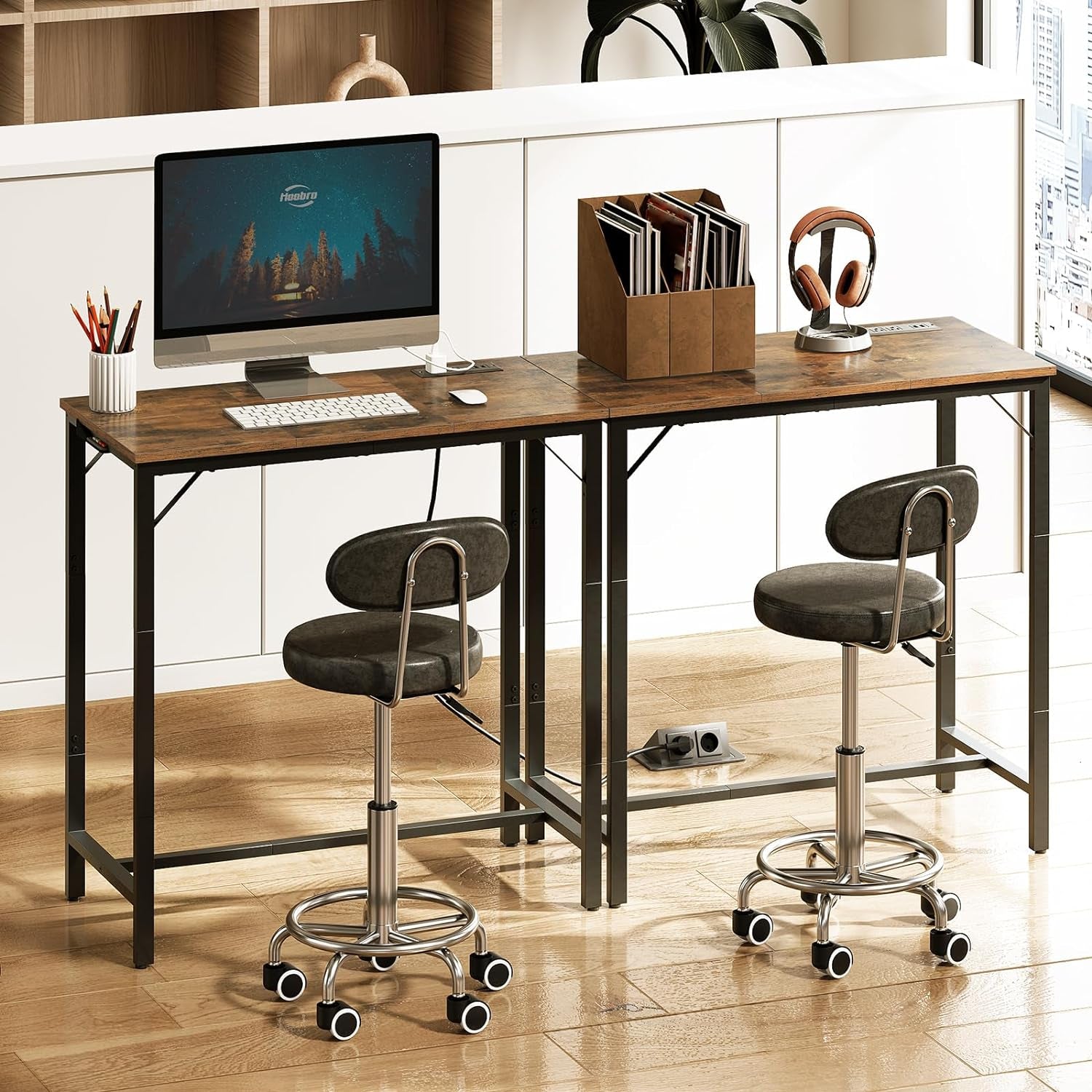 Bar Table with Charging Station, Rectangular Pub Table, High Top Coffee Table, Counter Bar Height Table, Narrow Long Dining Table, 35.4" L X 15.7" W X 35.6" H, Rustic Brown and Black BF90UBT01