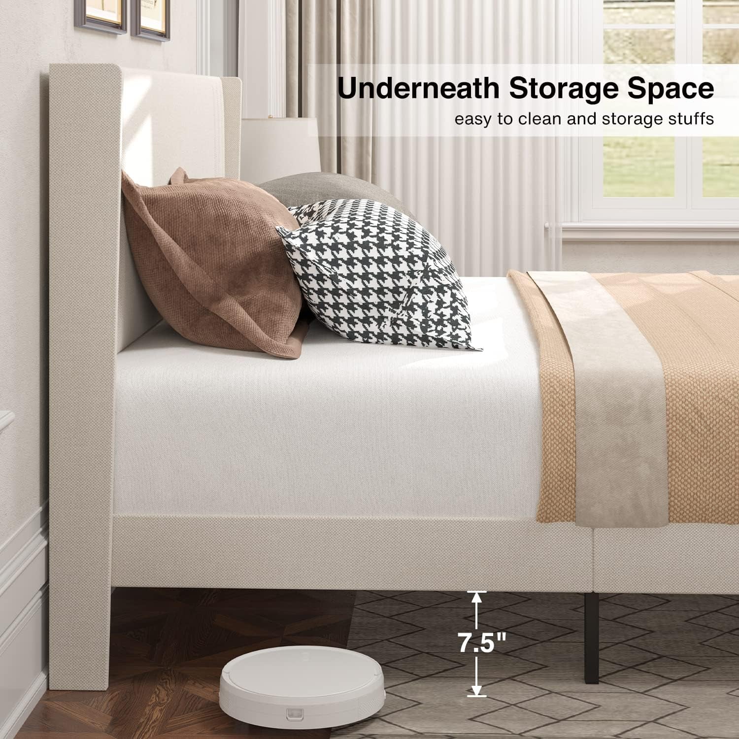 Queen Bed Frame with Wingback Headboard, Upholstered Platform Bed, Wooden Slats, Noise-Free, No Box Spring Needed, Easy Assembly