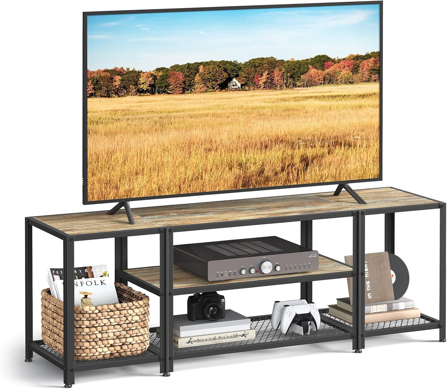 Modern TV Stand for Tvs up to 65 Inches, 3-Tier Entertainment Center, Industrial TV Console Table with Open Storage Shelves, for Living Room, Bedroom, Turquoise Brown and Black ULTV097B60