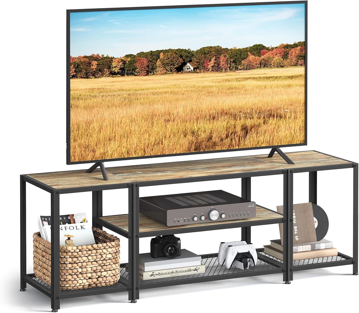Modern TV Stand for Tvs up to 65 Inches, 3-Tier Entertainment Center, Industrial TV Console Table with Open Storage Shelves, for Living Room, Bedroom, Turquoise Brown and Black ULTV097B60