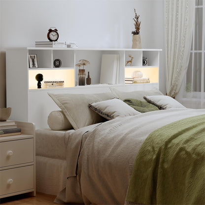 White wood bookcase headboard with charging station and LED lights
