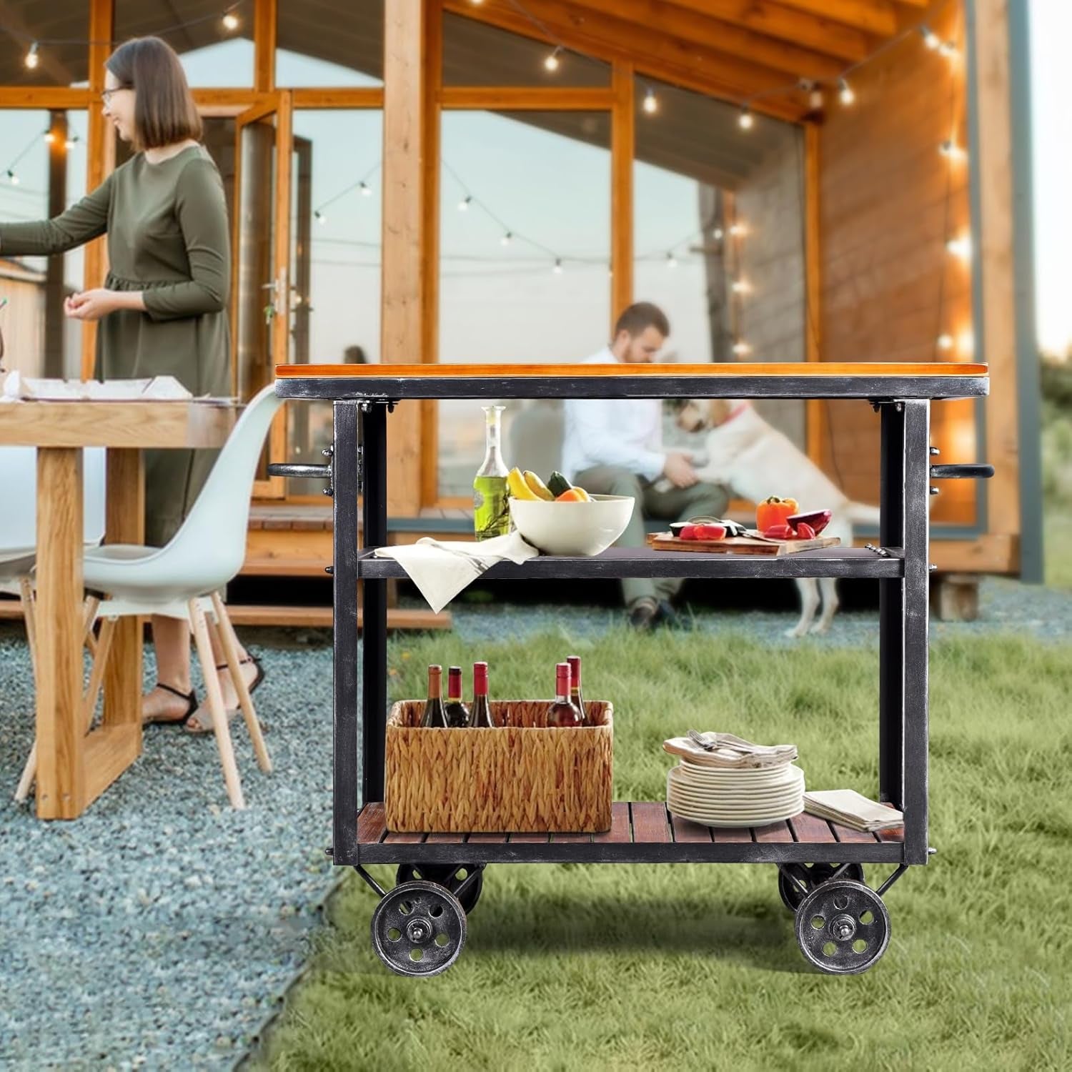 Industrial 3 Tier Rolling Utility Storage Cart Wine Beverage, Metal Wine Rack with Wheels Kitchen Bar Dining Room Tea Wine, Storage Cart with Wood