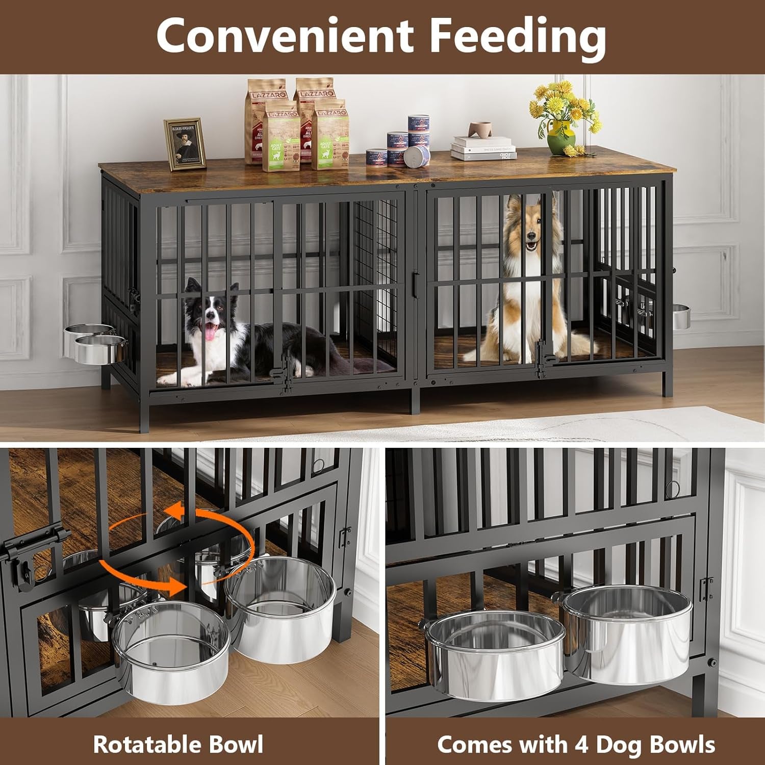 Double 80" Dog Crate Furniture, Extra Large Dog Crates for Large Dogs with 2 Dog Bowl, Wooden Pet Cage with Removable Divider, Sliding Door Dog Crate TV Stand, for 2 Pet, Space Saving