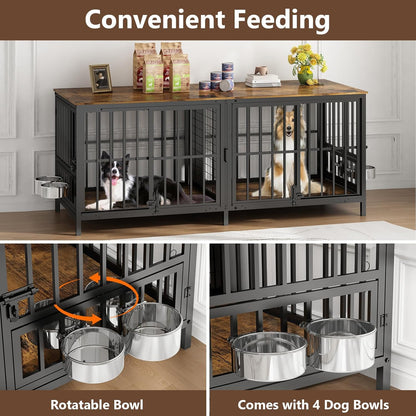 Double 80" Dog Crate Furniture, Extra Large Dog Crates for Large Dogs with 2 Dog Bowl, Wooden Pet Cage with Removable Divider, Sliding Door Dog Crate TV Stand, for 2 Pet, Space Saving