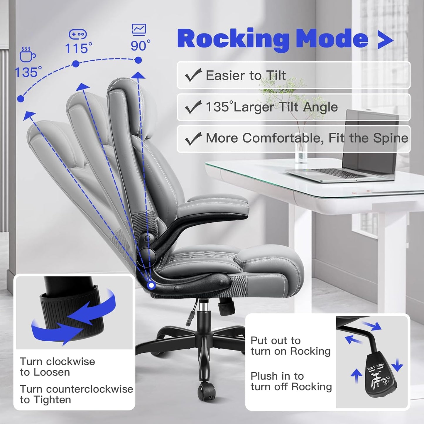 High Back Executive Ergonomic Computer Desk Chair with Rocking Function, Leather Managerial Office Chair with Adjustable Flip-Up Armrests and Lumbar Support