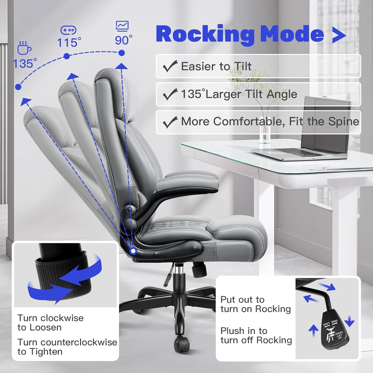 High Back Executive Ergonomic Computer Desk Chair with Rocking Function, Leather Managerial Office Chair with Adjustable Flip-Up Armrests and Lumbar Support